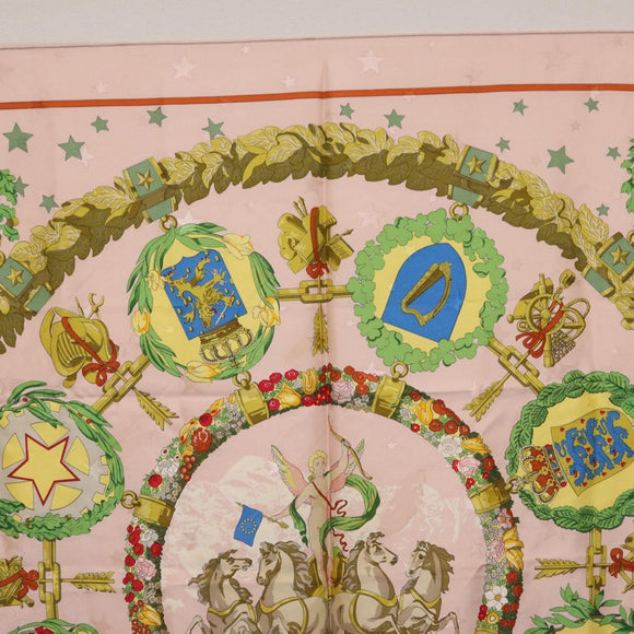 HERMES Carre 90 Scarf "Emblemes de Leurope" Silk Pink Auth hk4291