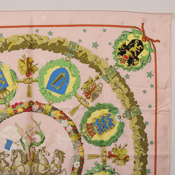 HERMES Carre 90 Scarf "Emblemes de Leurope" Silk Pink Auth hk4291
