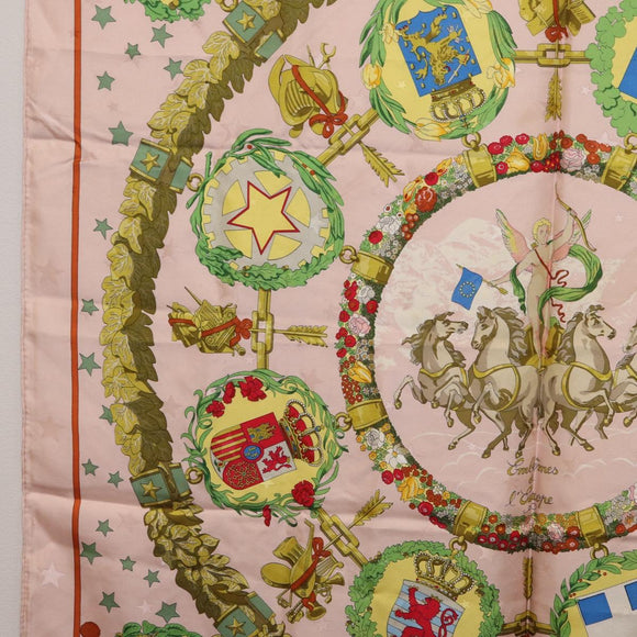 HERMES Carre 90 Scarf "Emblemes de Leurope" Silk Pink Auth hk4291