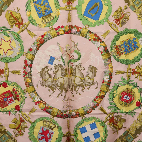 HERMES Carre 90 Scarf "Emblemes de Leurope" Silk Pink Auth hk4291