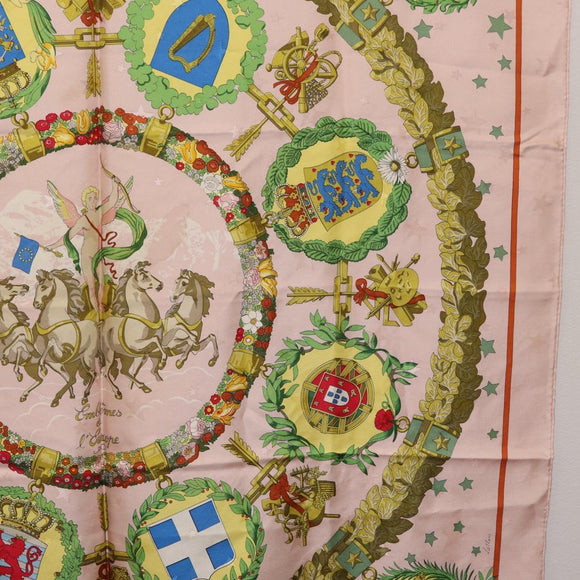 HERMES Carre 90 Scarf "Emblemes de Leurope" Silk Pink Auth hk4291