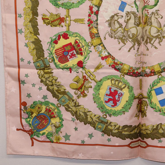 HERMES Carre 90 Scarf "Emblemes de Leurope" Silk Pink Auth hk4291