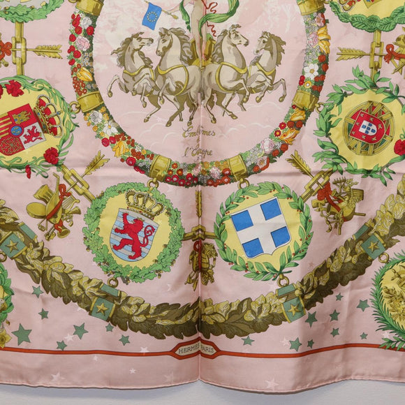HERMES Carre 90 Scarf "Emblemes de Leurope" Silk Pink Auth hk4291
