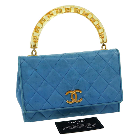 CHANEL Hand Bag Lamb Skin Blue CC Auth hk455SAV
