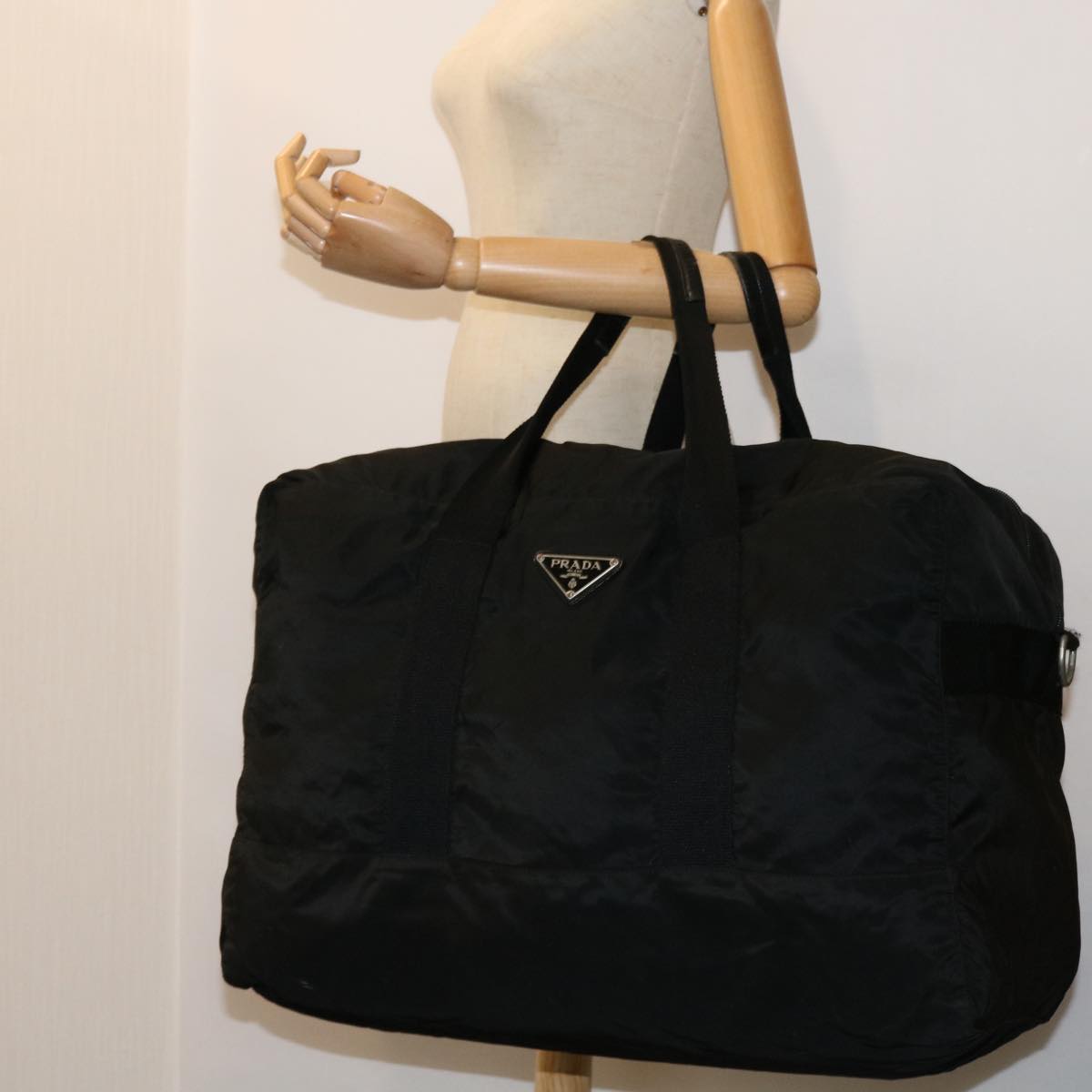 PRADA Boston Bag Nylon Black Auth hk838