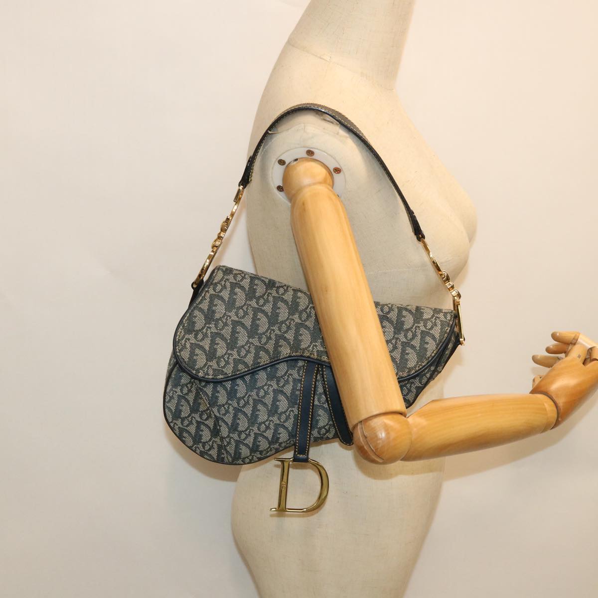 Christian Dior Trotter Canvas Saddle Shoulder Bag Navy Auth hk851