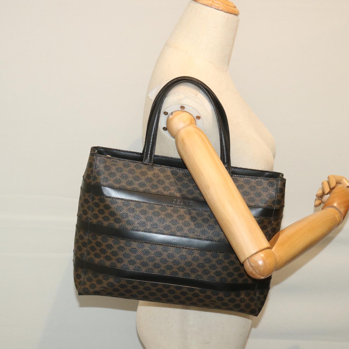 CELINE Macadam Canvas Tote Bag PVC Leather Black Auth hk888