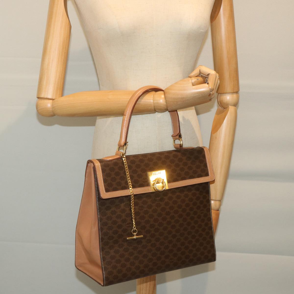 CELINE Macadam Canvas Top Handle Hand Bag PVC Leather Brown Auth hk911