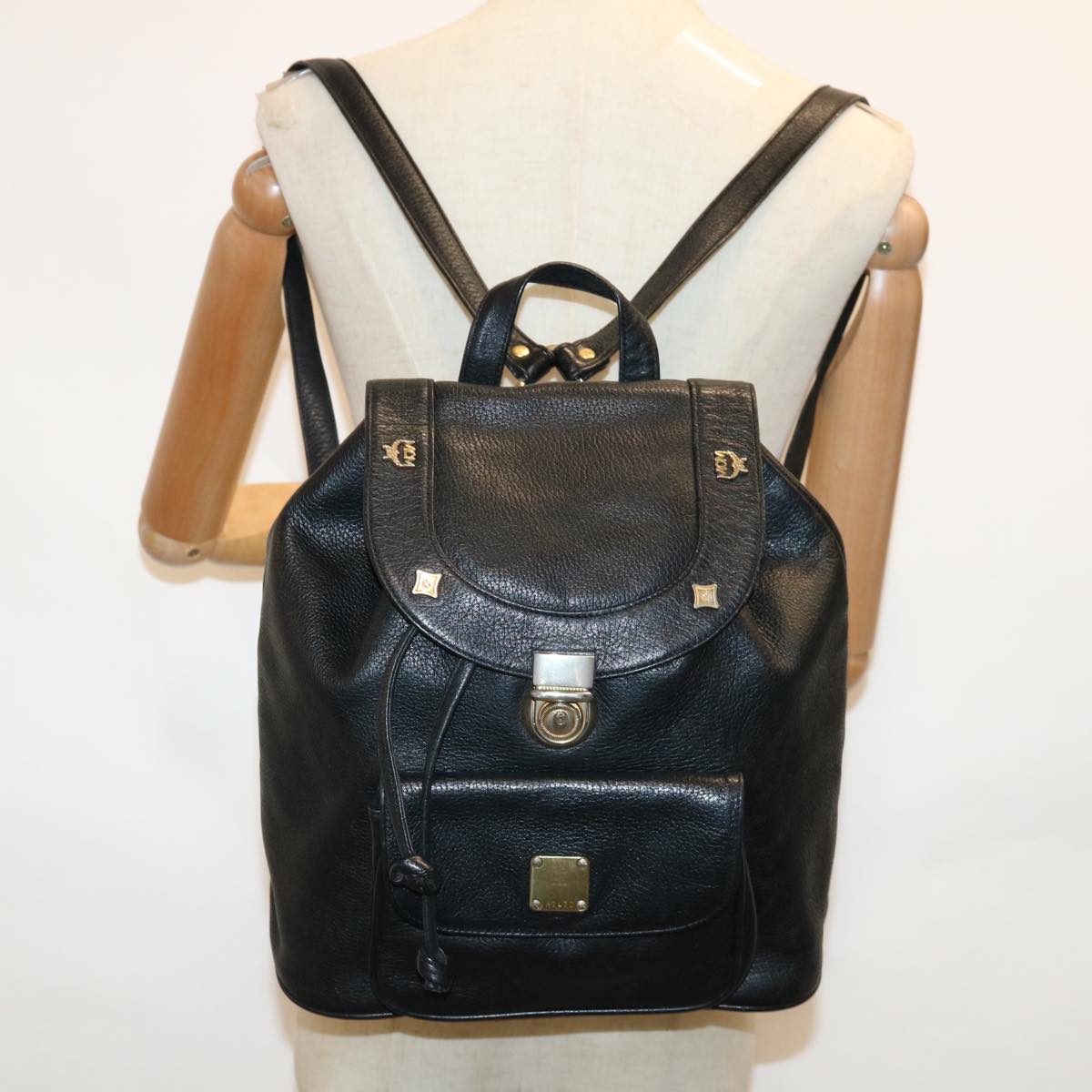 MCM Backpack Leather Black Auth hk924