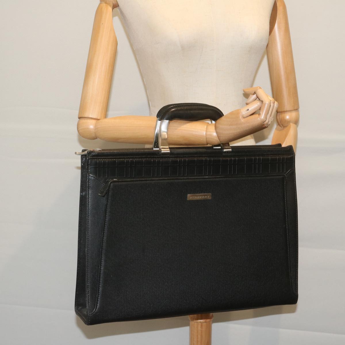 BURBERRY Hand Bag Leather Black Auth hk962