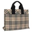 BURBERRY Nova Check Blue Label Hand Bag Nylon Silver Beige Auth hs1698-1