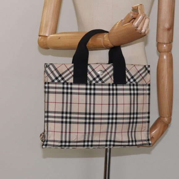 BURBERRY Nova Check Blue Label Hand Bag Nylon Silver Beige Auth hs1698