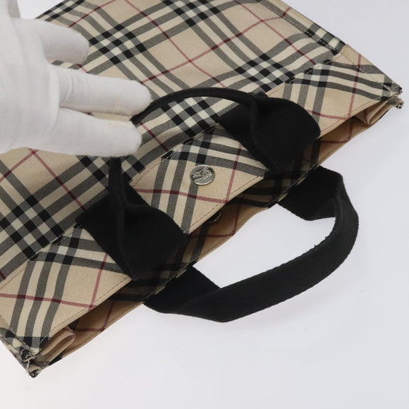 BURBERRY Nova Check Blue Label Hand Bag Nylon Silver Beige Auth hs1698