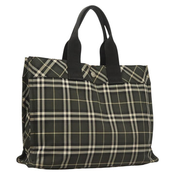 Burberrys Nova Check Blue Label Hand Bag Nylon Khaki Silver Auth hs1707