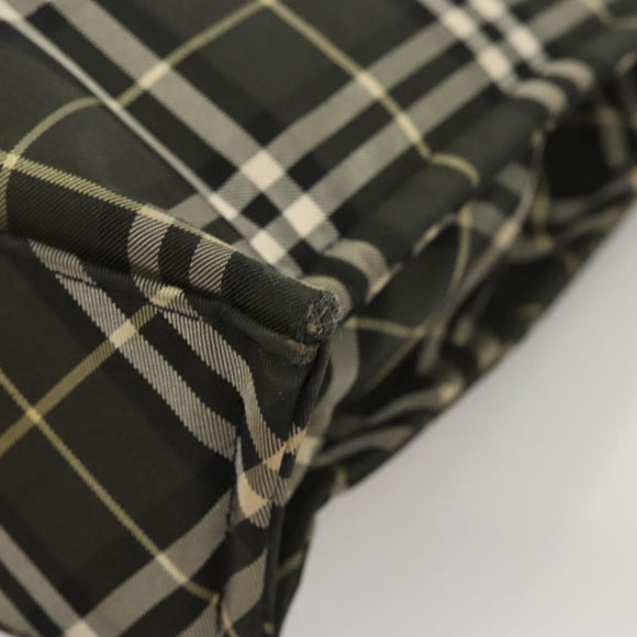 Burberrys Nova Check Blue Label Hand Bag Nylon Khaki Silver Auth hs1707