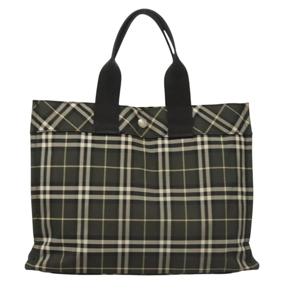 Burberrys Nova Check Blue Label Hand Bag Nylon Khaki Silver Auth hs1707