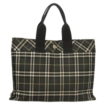 Burberrys Nova Check Blue Label Hand Bag Nylon Khaki Silver Auth hs1707 - 0