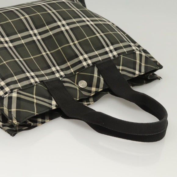Burberrys Nova Check Blue Label Hand Bag Nylon Khaki Silver Auth hs1707