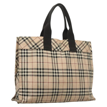 BURBERRY Nova Check Blue Label Hand Bag Nylon Beige Silver Auth hs1708