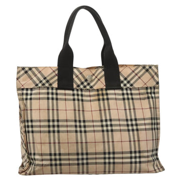 BURBERRY Nova Check Blue Label Hand Bag Nylon Beige Silver Auth hs1708 - 0