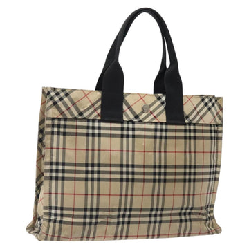 BURBERRY Nova Check Blue Label Hand Bag Nylon Beige Silver Auth hs1711