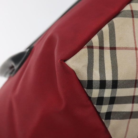 BURBERRY Nova Check Blue Label Hand Bag Nylon Red Silver Auth hs1715