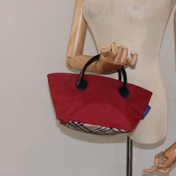 BURBERRY Nova Check Blue Label Hand Bag Nylon Red Silver Auth hs1715