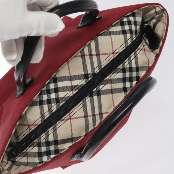 BURBERRY Nova Check Blue Label Hand Bag Nylon Red Silver Auth hs1715