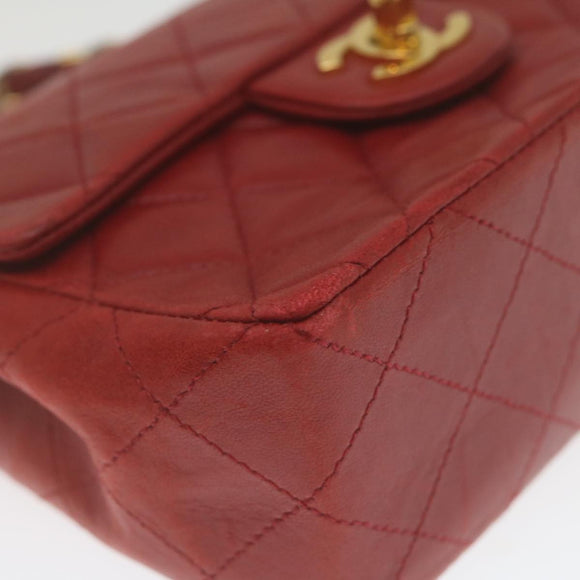 CHANEL Mini Matelasse Chain Flap Hand Bag Lamb Skin Red Gold CC Auth hs688M