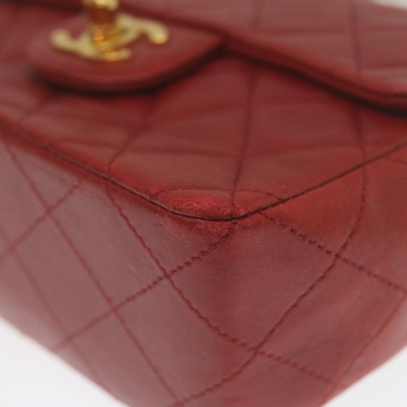 CHANEL Mini Matelasse Chain Flap Hand Bag Lamb Skin Red Gold CC Auth hs688M