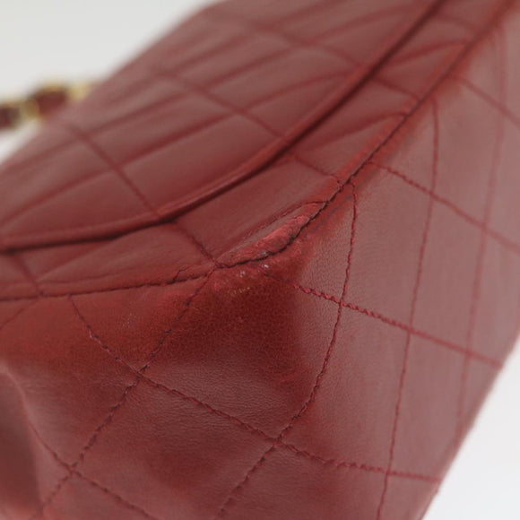 CHANEL Mini Matelasse Chain Flap Hand Bag Lamb Skin Red Gold CC Auth hs688M