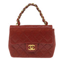 CHANEL Mini Matelasse Chain Flap Hand Bag Lamb Skin Red Gold CC Auth hs688M-13
