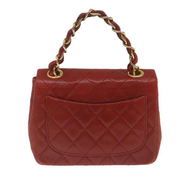 CHANEL Mini Matelasse Chain Flap Hand Bag Lamb Skin Red Gold CC Auth hs688M
