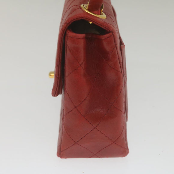 CHANEL Mini Matelasse Chain Flap Hand Bag Lamb Skin Red Gold CC Auth hs688M