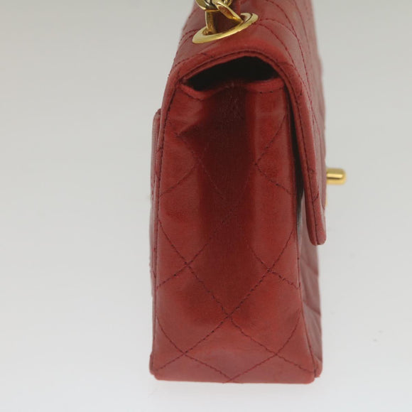CHANEL Mini Matelasse Chain Flap Hand Bag Lamb Skin Red Gold CC Auth hs688M