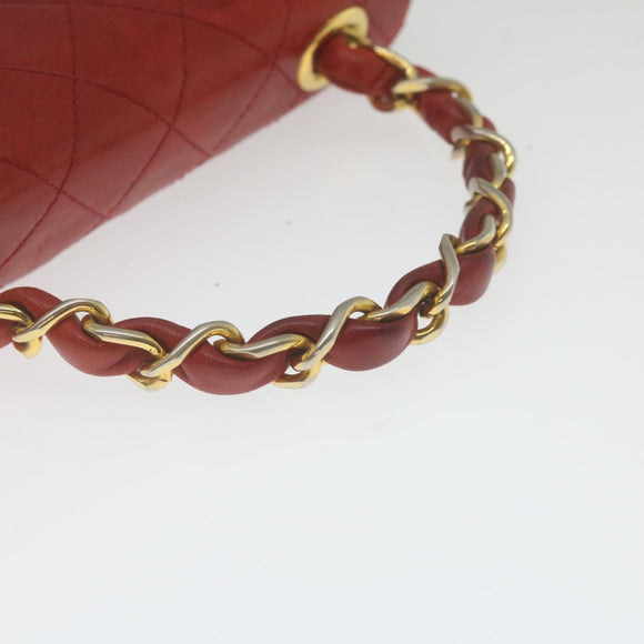 CHANEL Mini Matelasse Chain Flap Hand Bag Lamb Skin Red Gold CC Auth hs688M