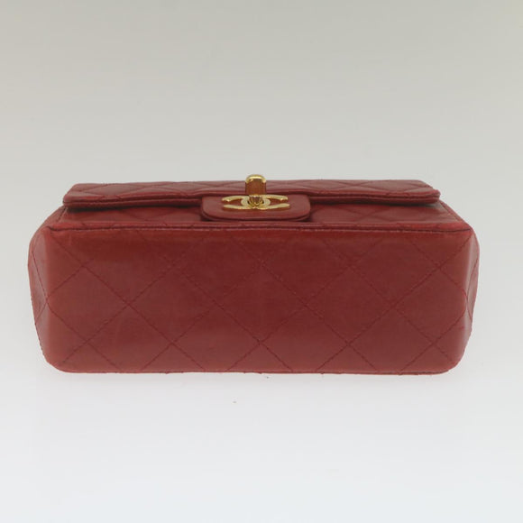 CHANEL Mini Matelasse Chain Flap Hand Bag Lamb Skin Red Gold CC Auth hs688M
