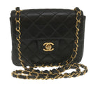 CHANEL Mini Matelasse Chain Flap Shoulder Bag Lamb Skin Black Gold Auth hs689AV-1