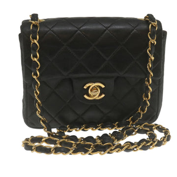 CHANEL Mini Matelasse Chain Flap Shoulder Bag Lamb Skin Black Gold Auth hs689AV