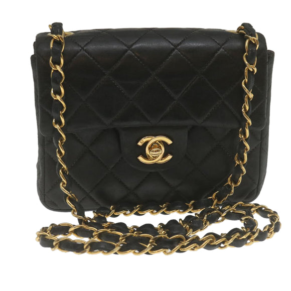 CHANEL Mini Matelasse Chain Flap Shoulder Bag Lamb Skin Black Gold Auth hs689AV
