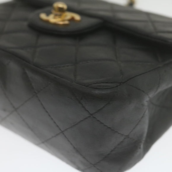 CHANEL Mini Matelasse Chain Flap Shoulder Bag Lamb Skin Black Gold Auth hs689AV