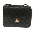 CHANEL Mini Matelasse Chain Flap Shoulder Bag Lamb Skin Black Gold Auth hs689AV-13