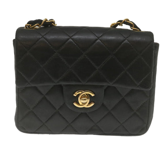 CHANEL Mini Matelasse Chain Flap Shoulder Bag Lamb Skin Black Gold Auth hs689AV