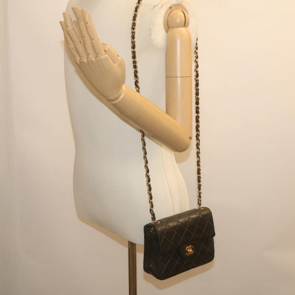 CHANEL Mini Matelasse Chain Flap Shoulder Bag Lamb Skin Black Gold Auth hs689AV