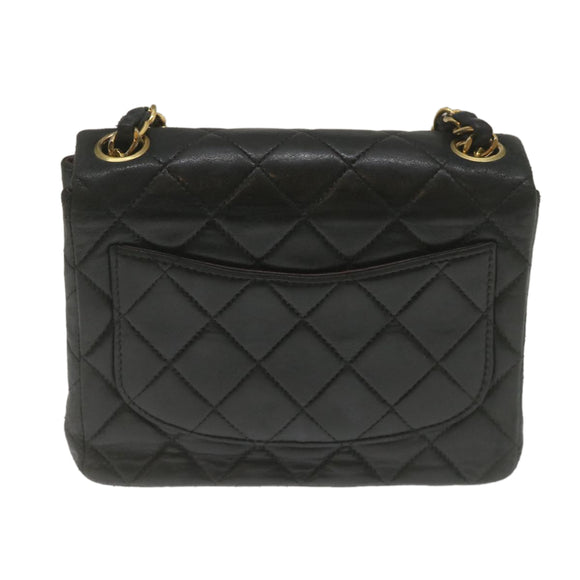 CHANEL Mini Matelasse Chain Flap Shoulder Bag Lamb Skin Black Gold Auth hs689AV