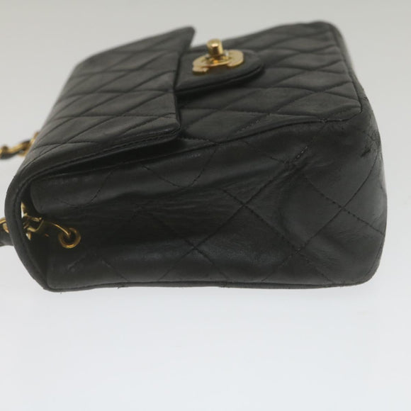CHANEL Mini Matelasse Chain Flap Shoulder Bag Lamb Skin Black Gold Auth hs689AV