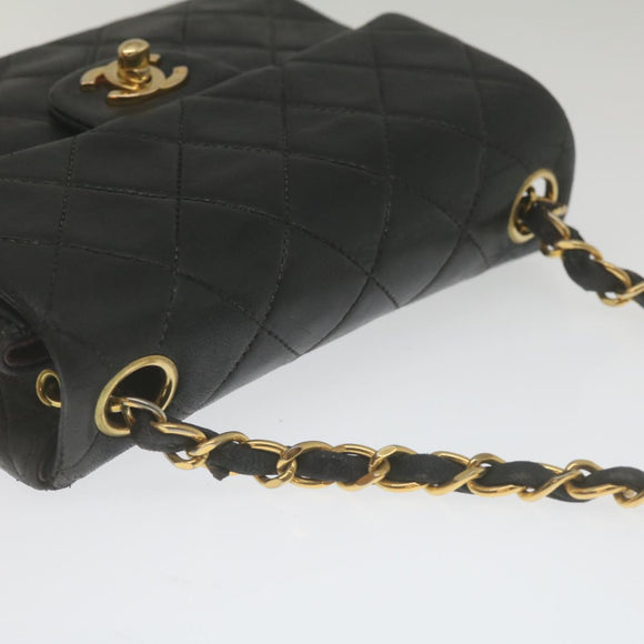 CHANEL Mini Matelasse Chain Flap Shoulder Bag Lamb Skin Black Gold Auth hs689AV