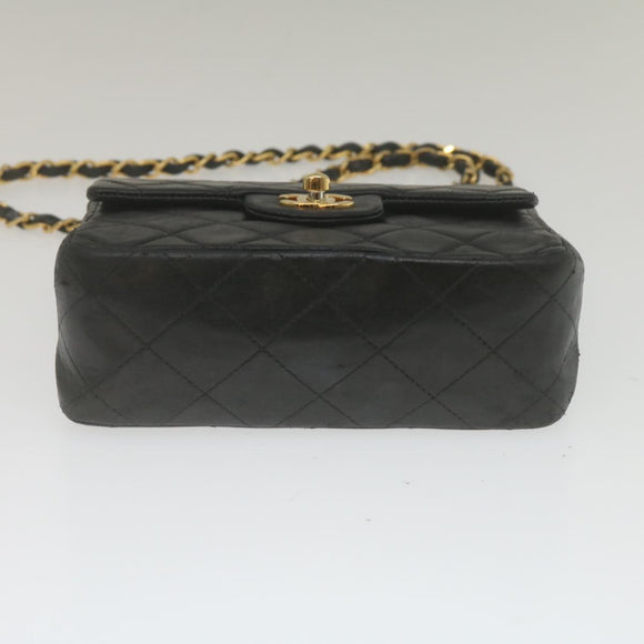 CHANEL Mini Matelasse Chain Flap Shoulder Bag Lamb Skin Black Gold Auth hs689AV