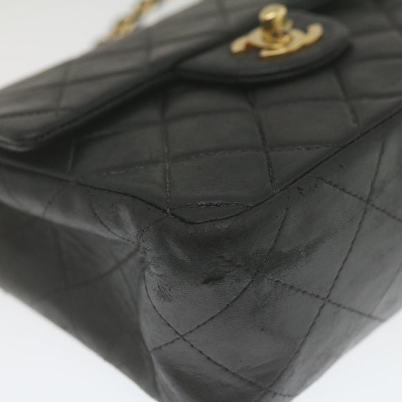 CHANEL Mini Matelasse Chain Flap Shoulder Bag Lamb Skin Black Gold Auth hs689AV