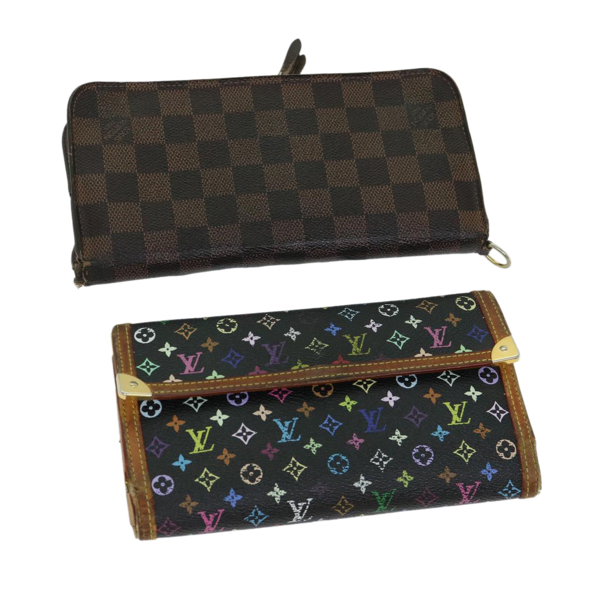 LOUIS VUITTON Damier Ebene Monogram Multicolor Long Wallet 2Set Black Auth im457